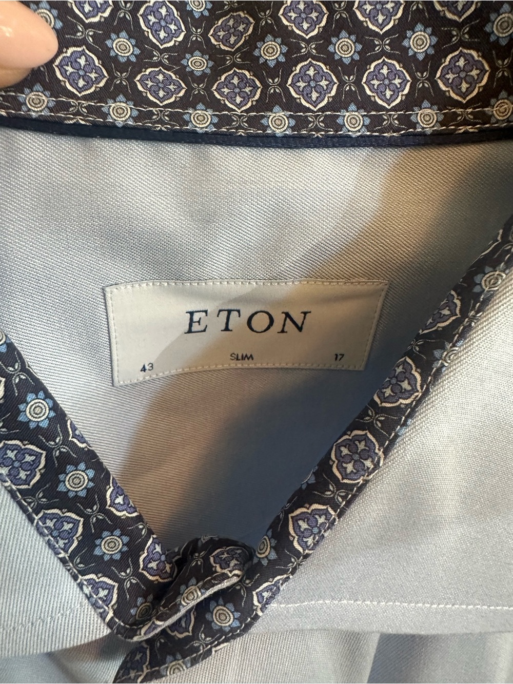 Eton Light Blue Shirt with Navy Floral-Trim Collar